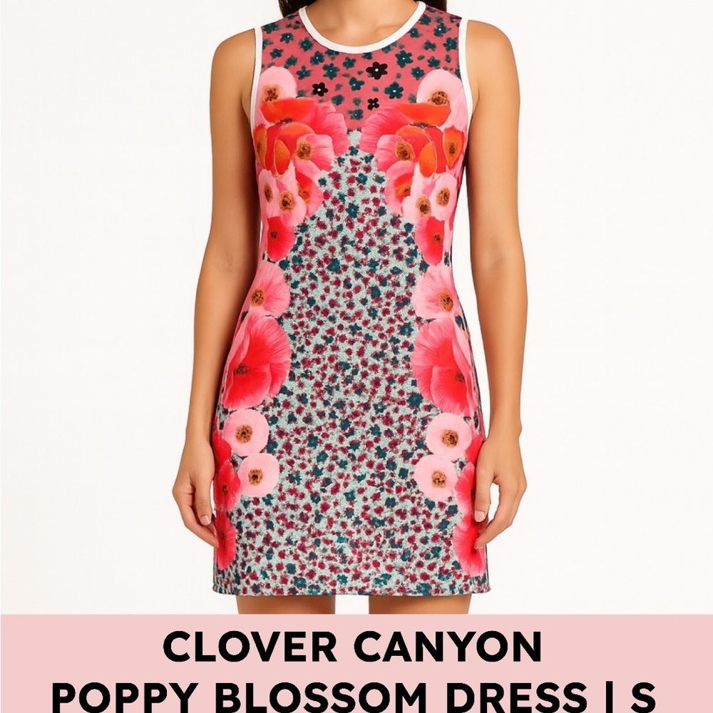 Clover Canyon Floral Scuba Shift Dress Poppy Blossoms Pink Multi Small